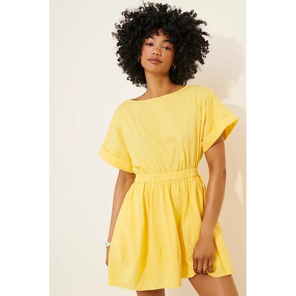 Free People Fulltime Fun Yellow Cotton Elastic Waist Short Sleeve Dress Size L
